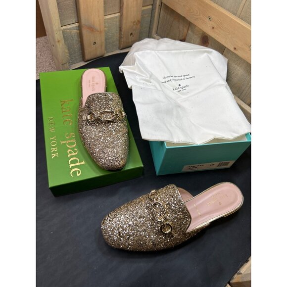 Kate Spade Glendi Gold Glitter Mules 8.5M Chain Detail Slip-On Shoes - Picture 1 of 7